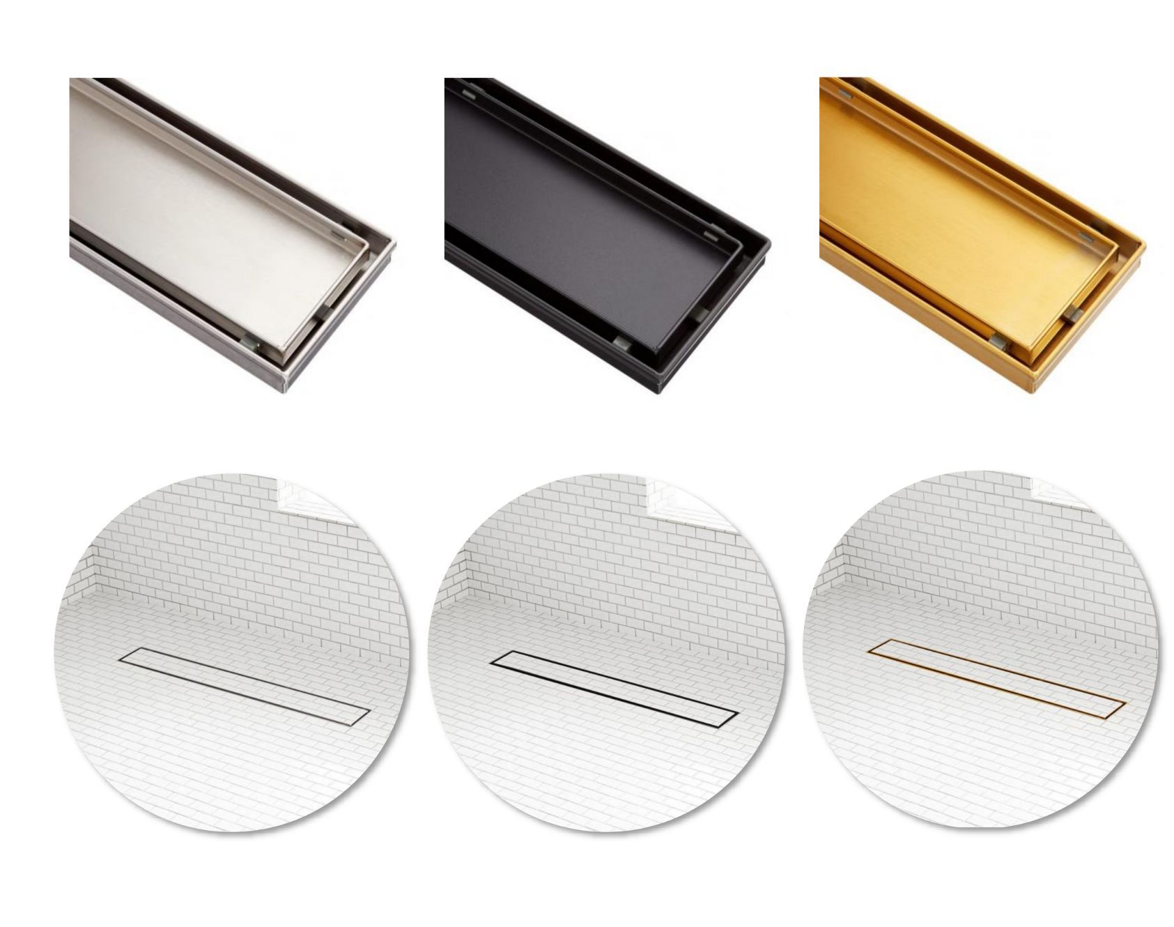 Stainless steel invisible linear floor drain in brushed, matte black, and PVD gold finishes, designed for seamless integration with tiled floors and concealed drainage.