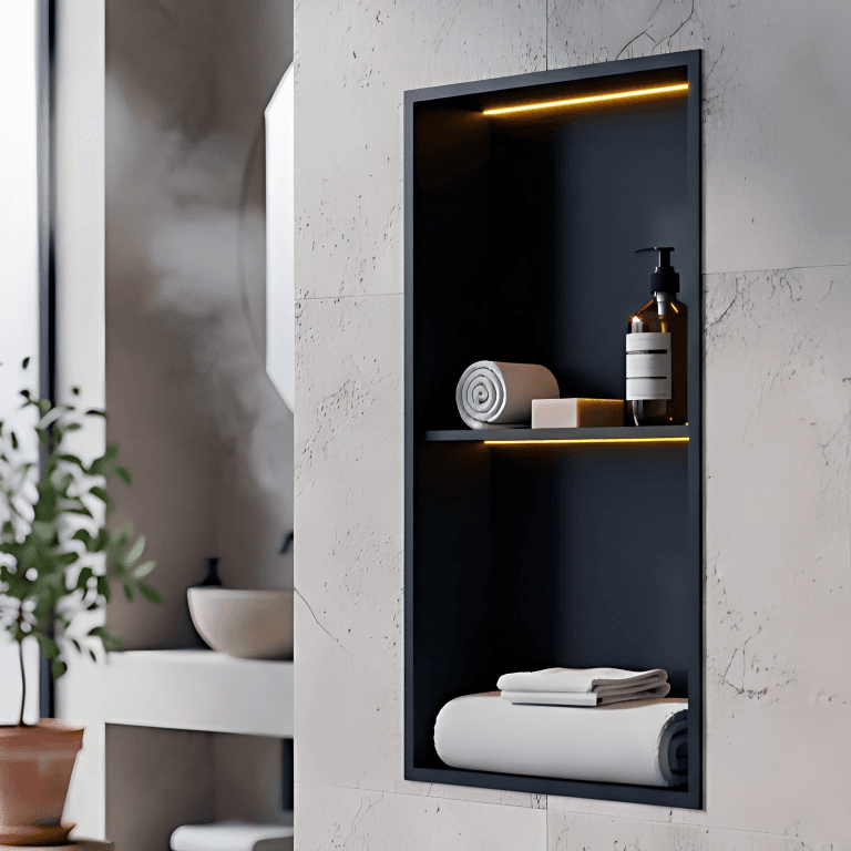 Black double-shelf LED shower niche OEM series installed in a tiled bathroom wall, showcasing recessed stainless steel storage, warm integrated lighting, and custom solutions for modern residential and hospitality projects.