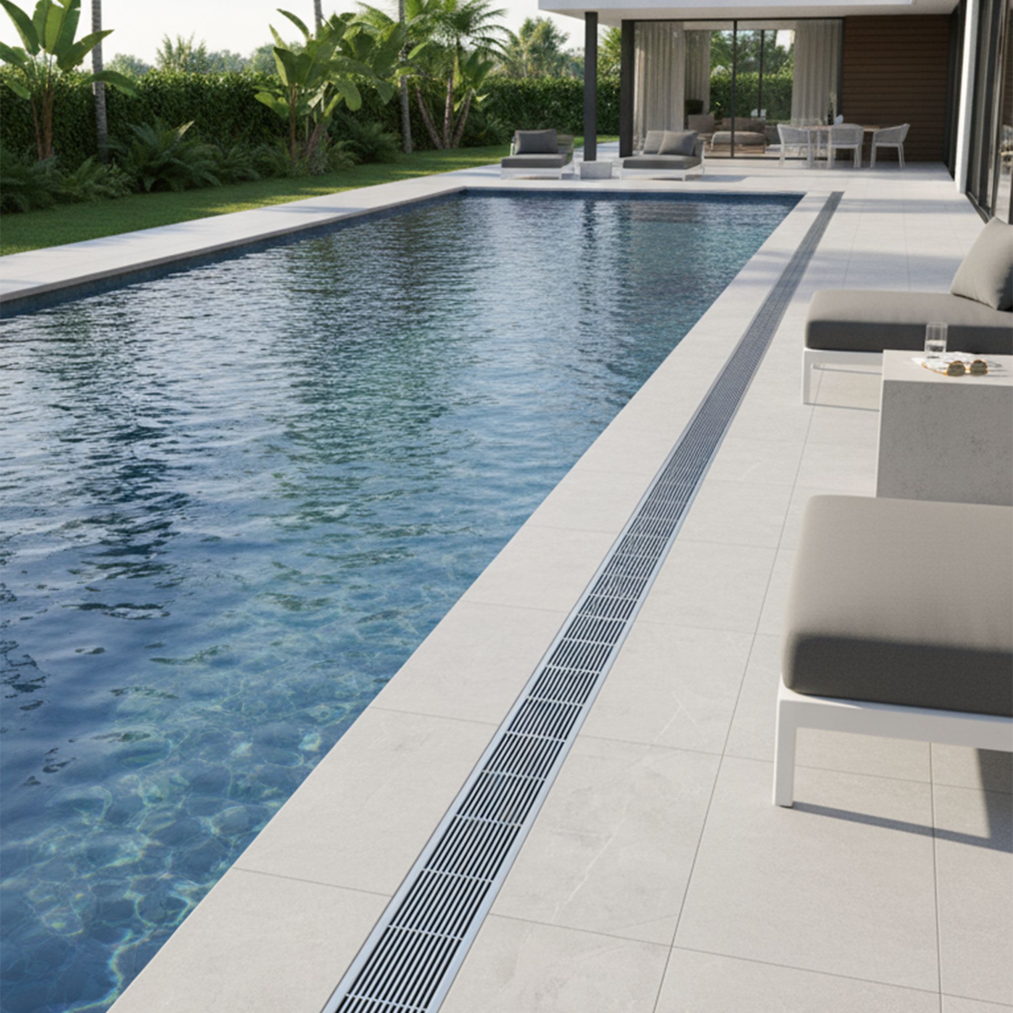 Outdoor linear floor drain installed along swimming pool edge, stainless steel linear grating integrated with stone tile paving for exterior drainage applications