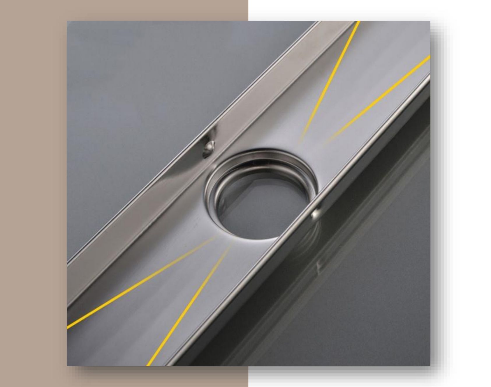 Close-up view of stainless steel linear floor drain with V-shaped channel design, guiding water flow for efficient drainage and reducing residual water.