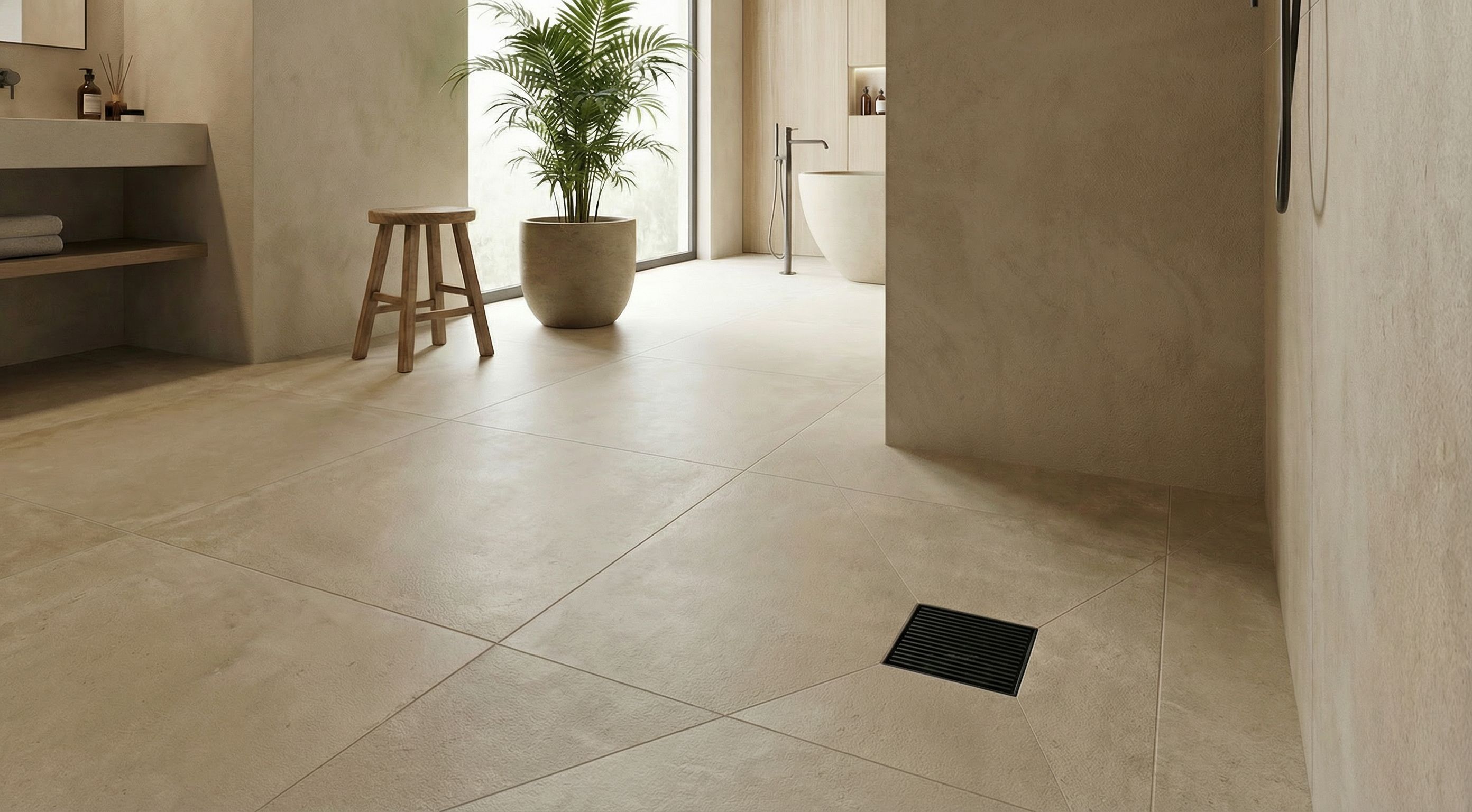 Powder-coated stainless steel floor drain with linear grate, integrated into large-format tiled bathroom floor