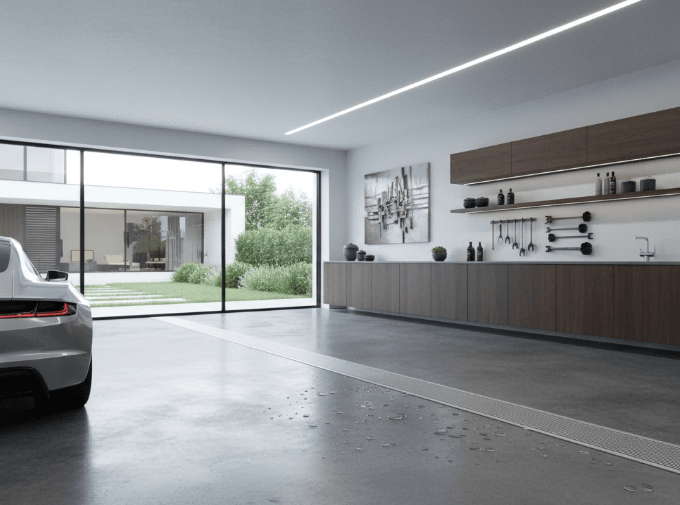 Outdoor linear floor drain installed in a modern residential garage, designed for surface water drainage and wash-down applications with seamless architectural integration