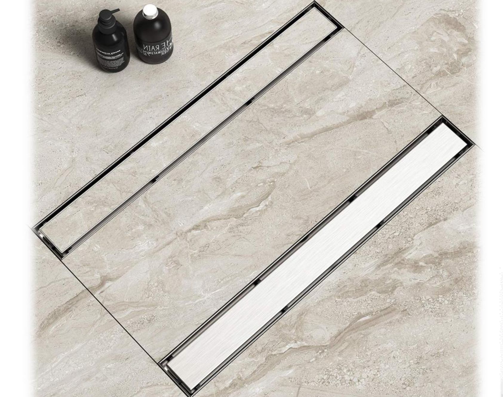 Two-in-one linear floor drain with interchangeable installation for tile insert or flat grate. Illustrated assembly steps showing reversible design and adjustable support legs for versatile applications.