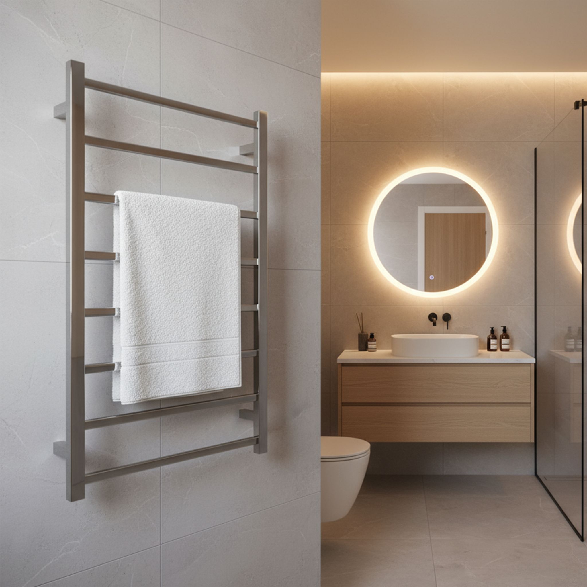 Polished square-tube stainless steel heated towel rail installed in modern bathroom interior