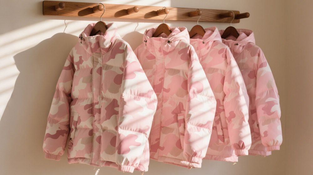 Custom pink camouflage patterns printed on down jacket fabric using Baosiwei JW-1904 eco solvent hybrid printer—ideal for winter apparel with high color durability