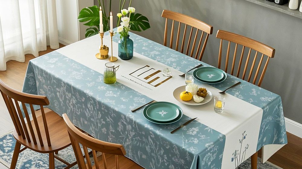 Digitally printed tablecloth using eco-solvent PET release film transfer, featuring sharp patterns and ideal for home décor applications