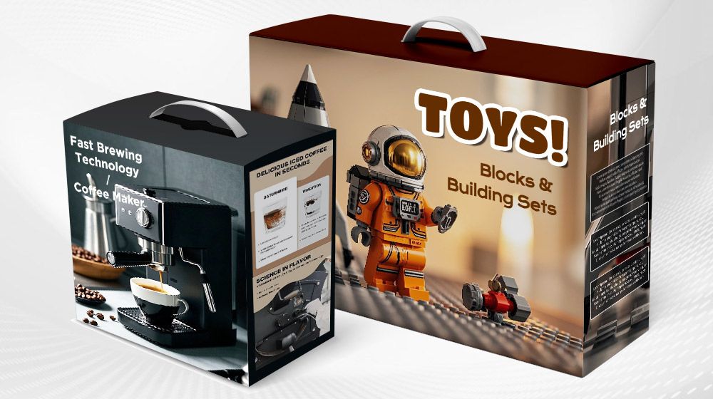 Digital printing application on carton boxes, showcasing high-resolution packaging for appliances and toy products with personalized design