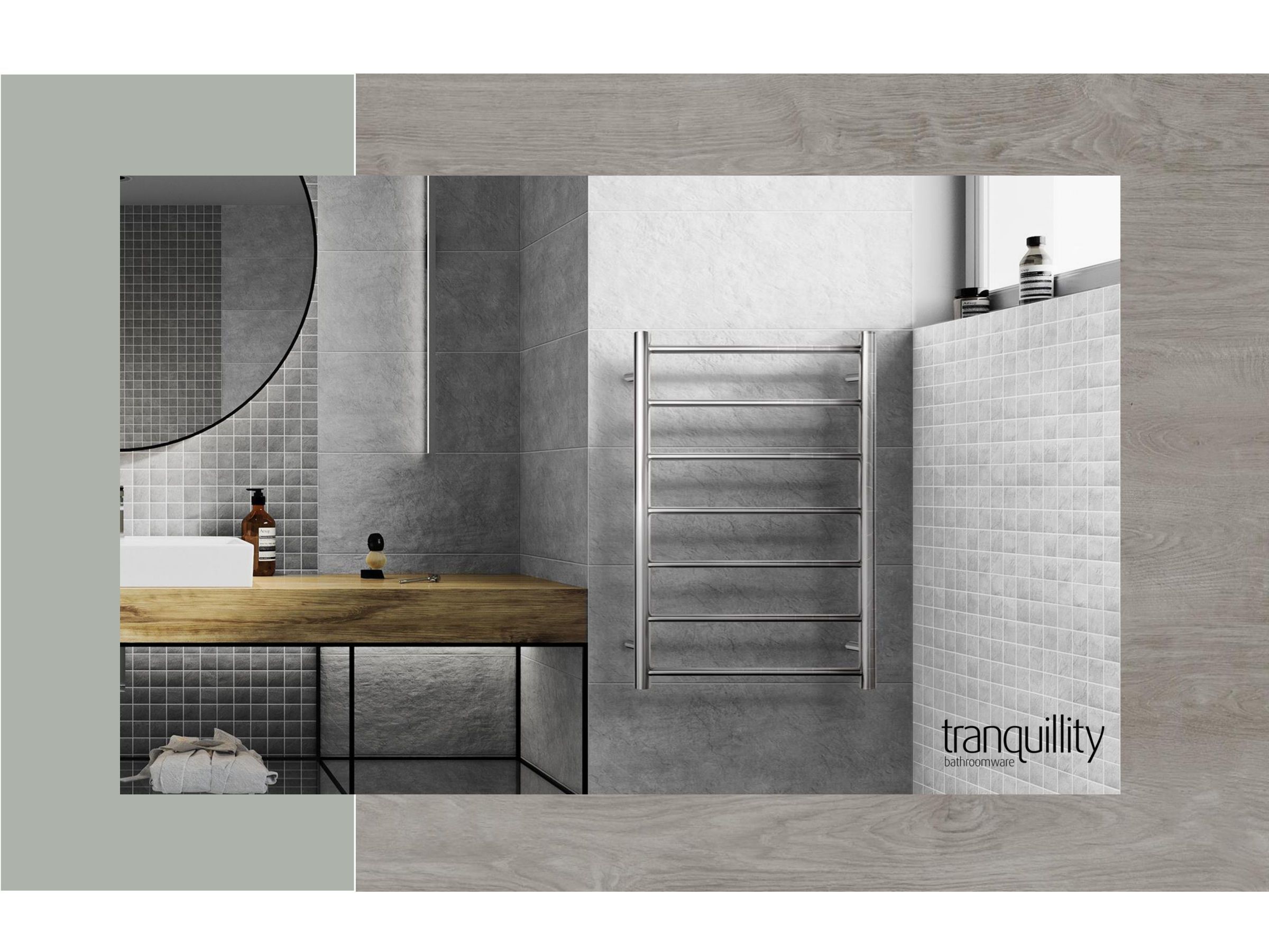 Stainless steel heated towel rack OEM series installed in a modern bathroom, highlighting clean integration and space-efficient design.