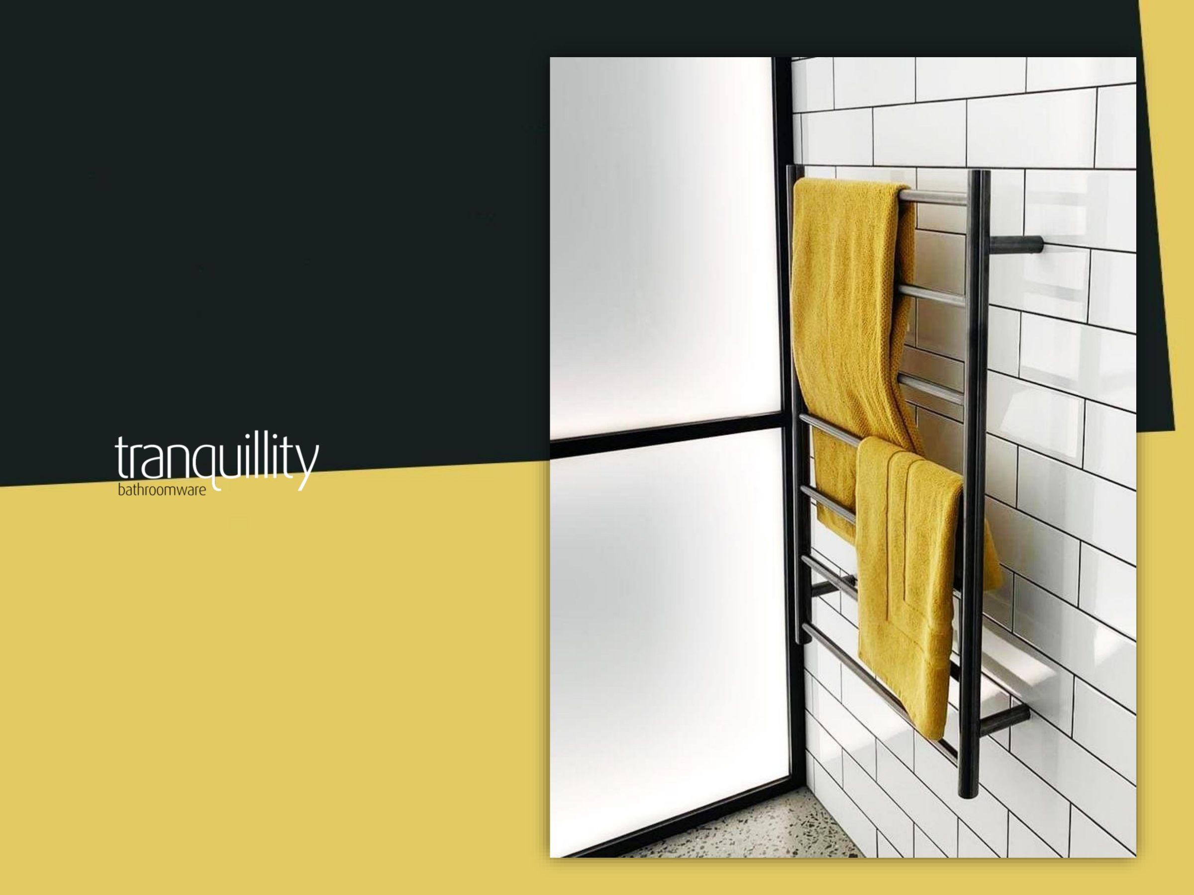 Black heated towel rack OEM series with yellow towels in a tiled bathroom, presenting stylish color contrast and warm daily-use ambience.