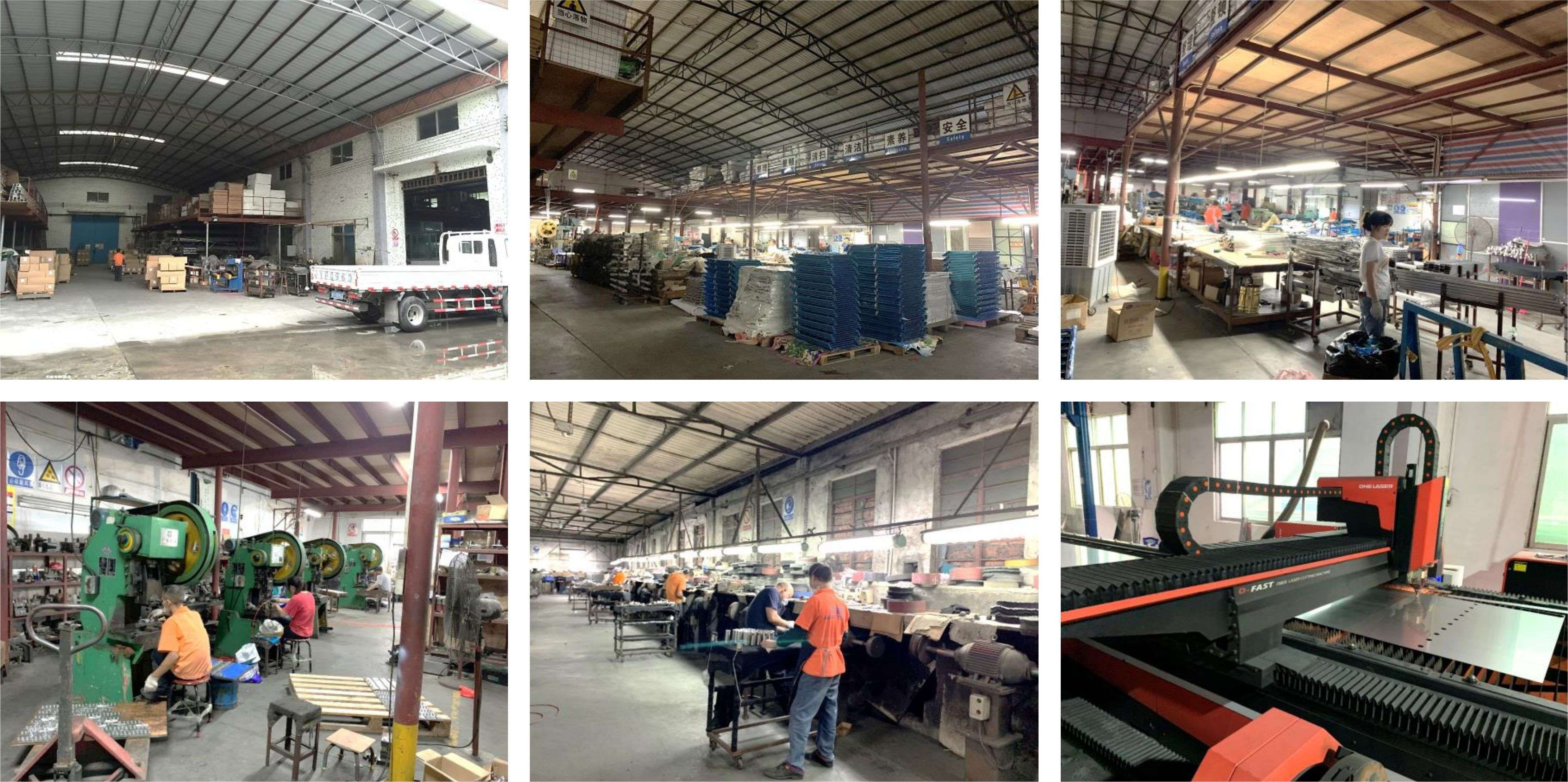 Factory workshop overview with stainless steel forming, welding, and stamping processes in progress, showing organized production lines and material storage areas.