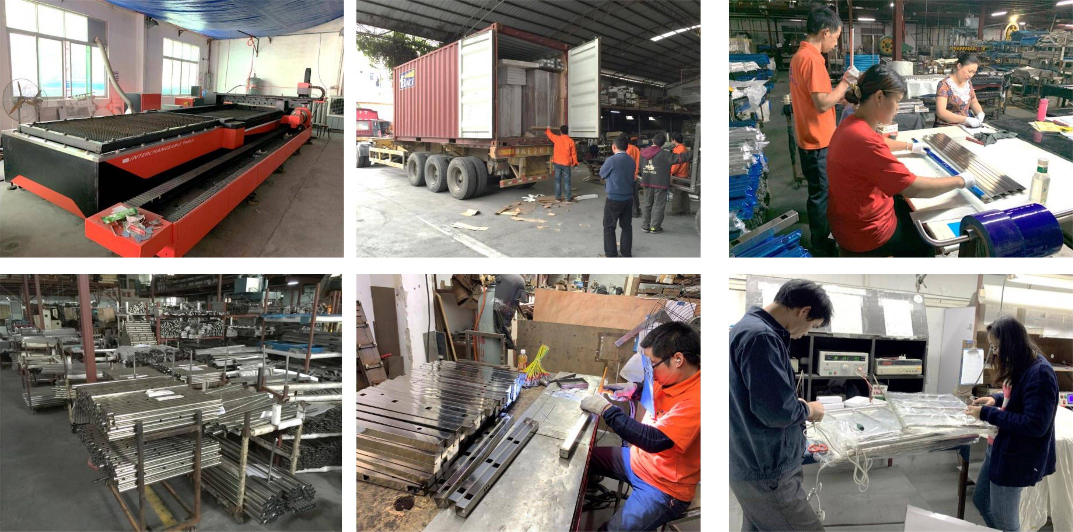 Workshop scenes showing stainless steel processing, assembly, and packing for shipment, featuring laser cutting equipment and workers performing quality checks before export.