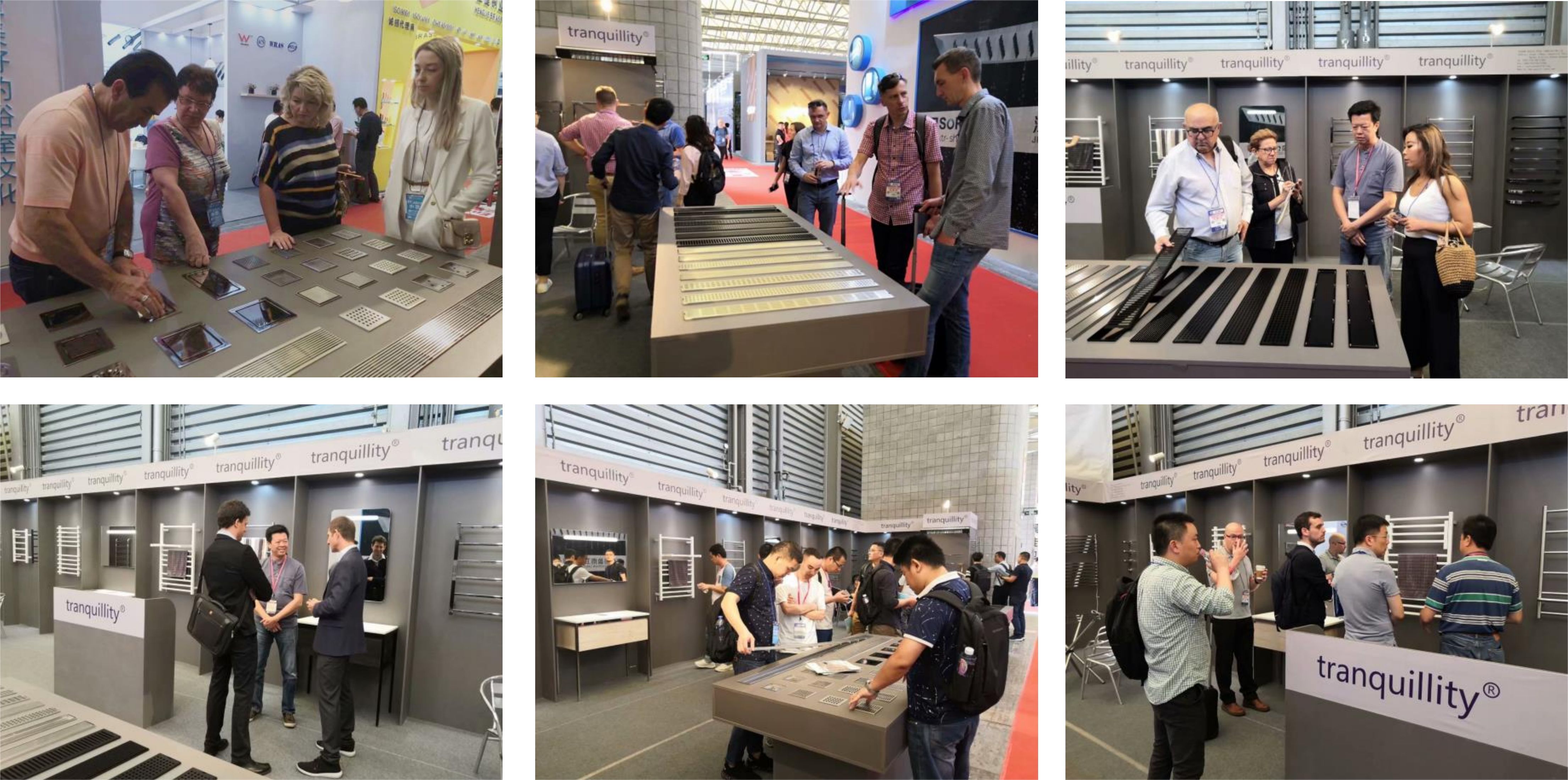 AussieSteel exhibiting stainless steel bathroom products and surface finishing solutions under the Tranquillity brand at international trade fairs, showcasing OEM manufacturing capability and global client engagement.