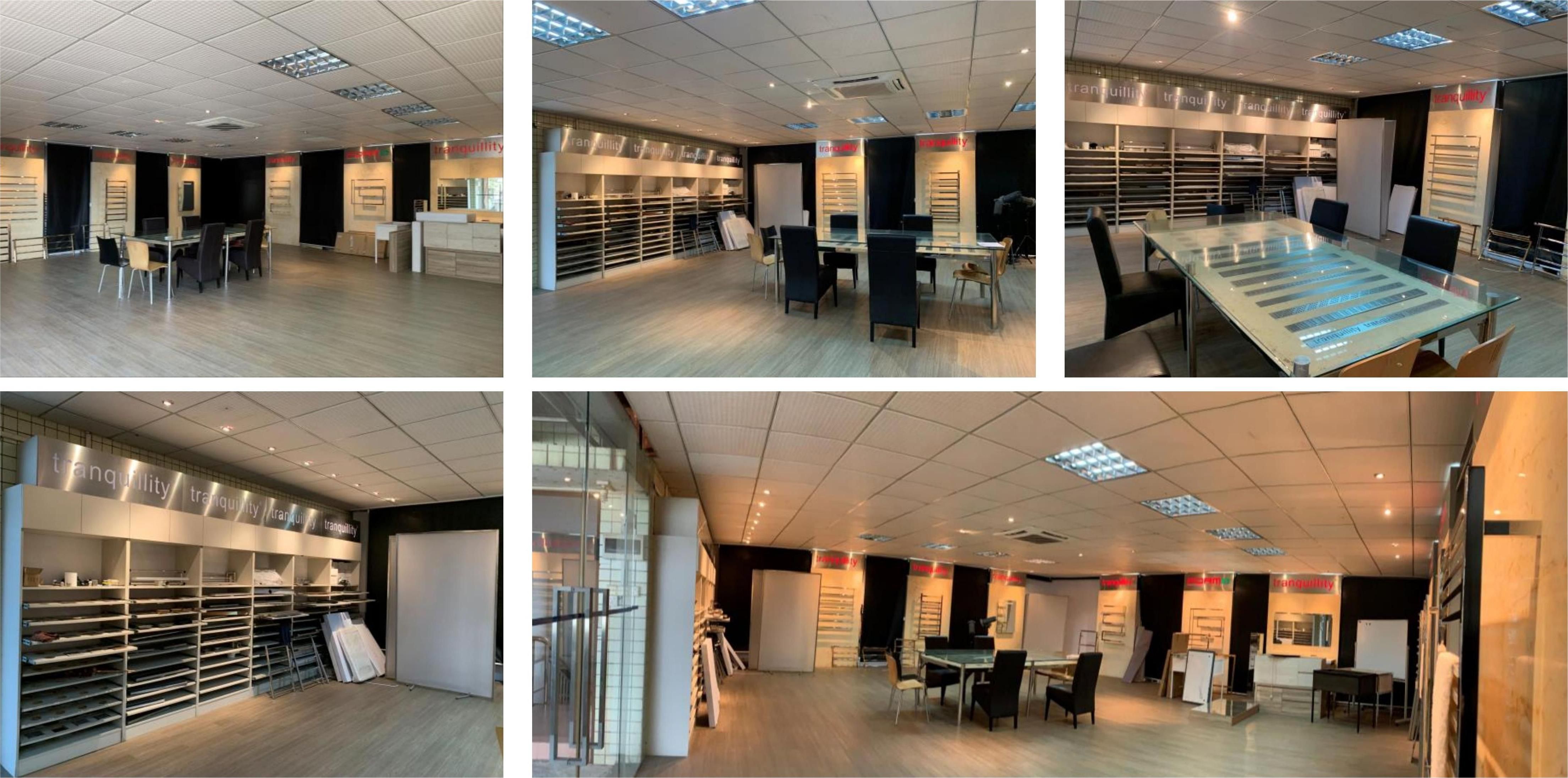 AussieSteel showroom displaying stainless steel bathroom hardware and surface finishing samples, featuring Tranquillity product collections and project consultation area.