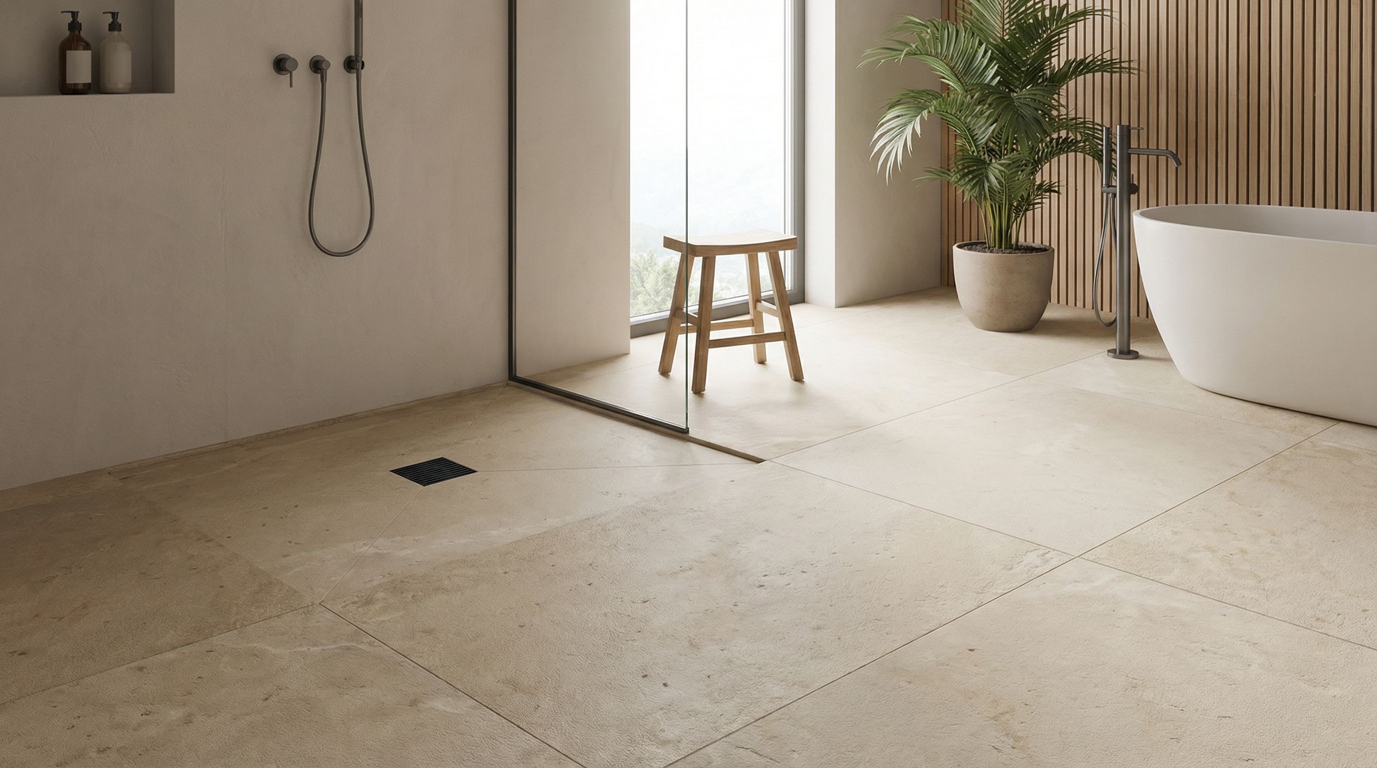 Square stainless steel floor drain with linear grate installed in modern bathroom, suitable for architectural and project applications