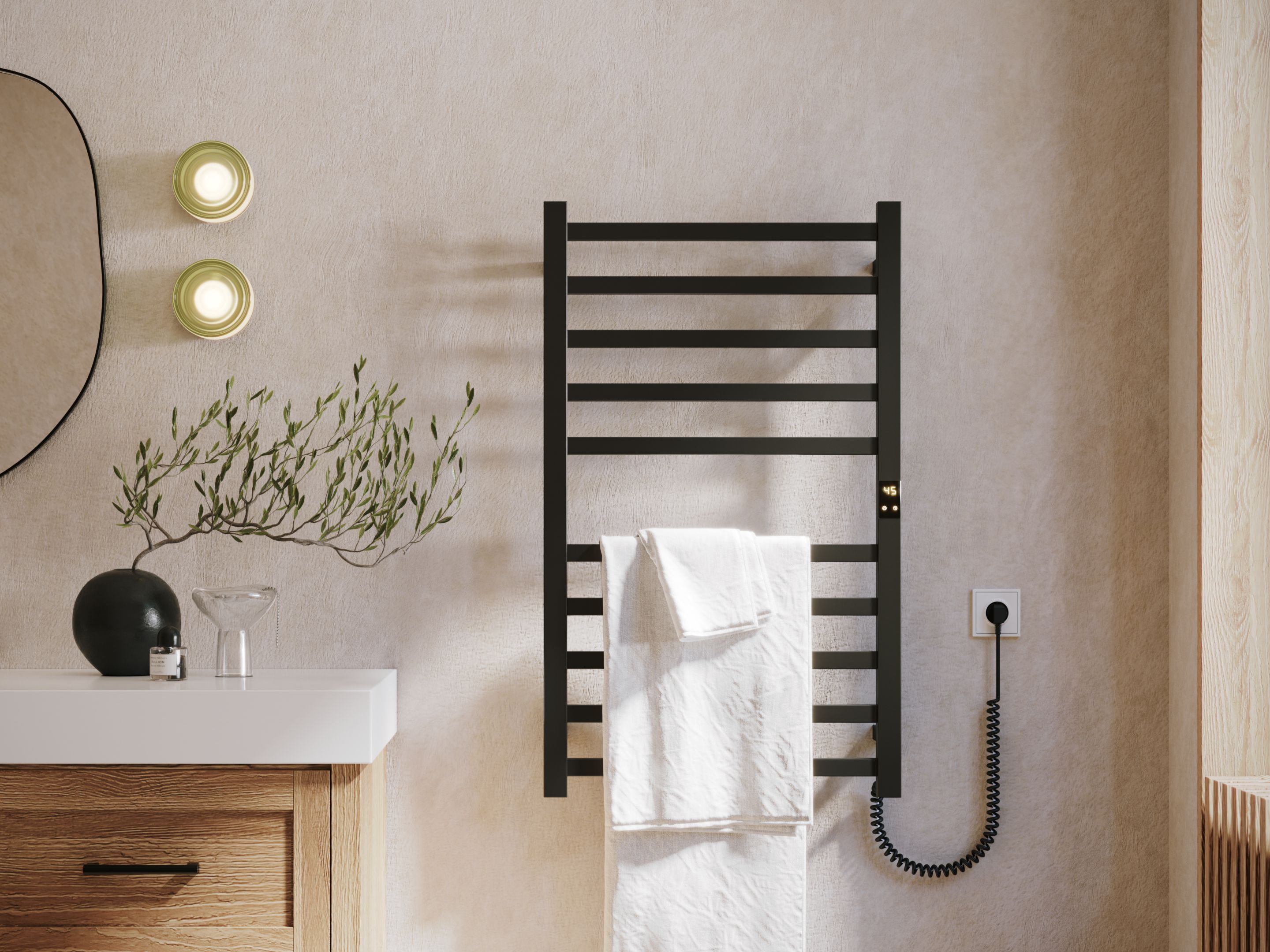 Tranquillity electric heated towel rail produced by AussieSteel, featuring matte black finish and wall-mounted design for OEM bathroom applications.