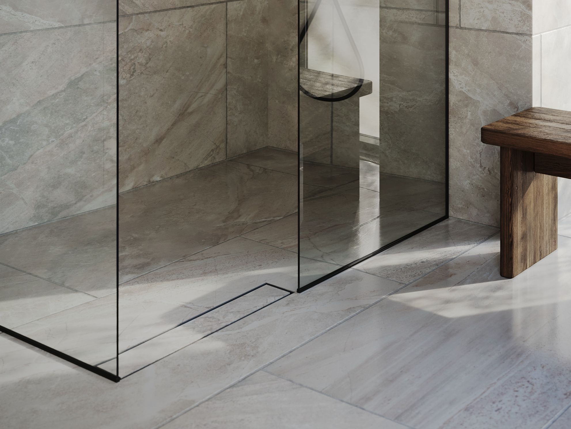 AussieSteel stainless steel floor drain installed in a modern bathroom, showing brushed finish and seamless integration with tile flooring.