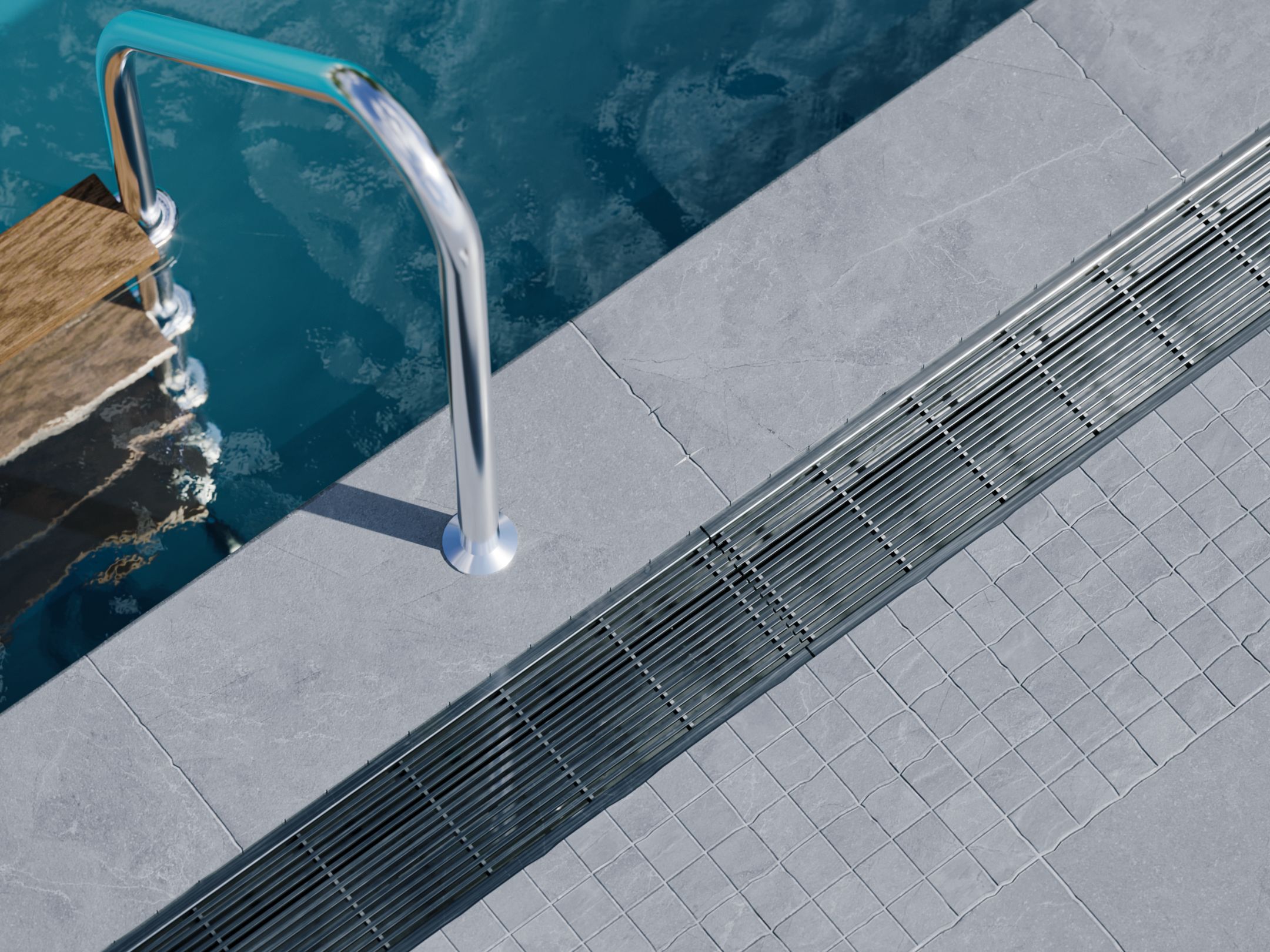 AussieSteel outdoor linear drain near swimming pool deck, made of 316 stainless steel with channel grates for landscape and architectural use.