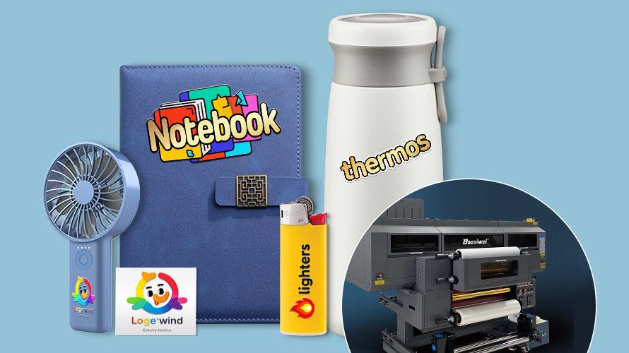 UV DTF crystal label printer for packaging and product branding, showcasing vibrant and durable sticker effects on notebooks, thermos bottles, lighters, and fans