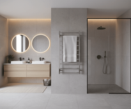 10-bar square tube stainless steel heated towel rack in contemporary bathroom setting