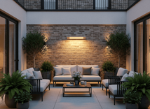 AussieSteel wall-mounted outdoor patio heater OEM series above a courtyard lounge set, highlighting premium radiant heating solutions for architectural outdoor living and hospitality environments.