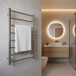 Polished square-tube stainless steel heated towel rail installed in modern bathroom interior
