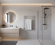 Mirror-finish square tube stainless steel towel warmer integrated with vanity and shower area