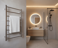 Polished square-tube stainless steel heated towel rail installed in modern bathroom interior