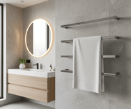 Single-bar square stainless steel heated towel rail mounted beside bathroom vanity