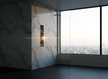Slim LED shower niche OEM series installed in a marble-look bathroom wall, highlighting recessed stainless steel storage, integrated lighting, and premium custom niche design for architectural bathroom projects.