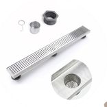 Perforated linear floor drain with precision CNC-punched grate and detachable strainer for efficient water drainage.